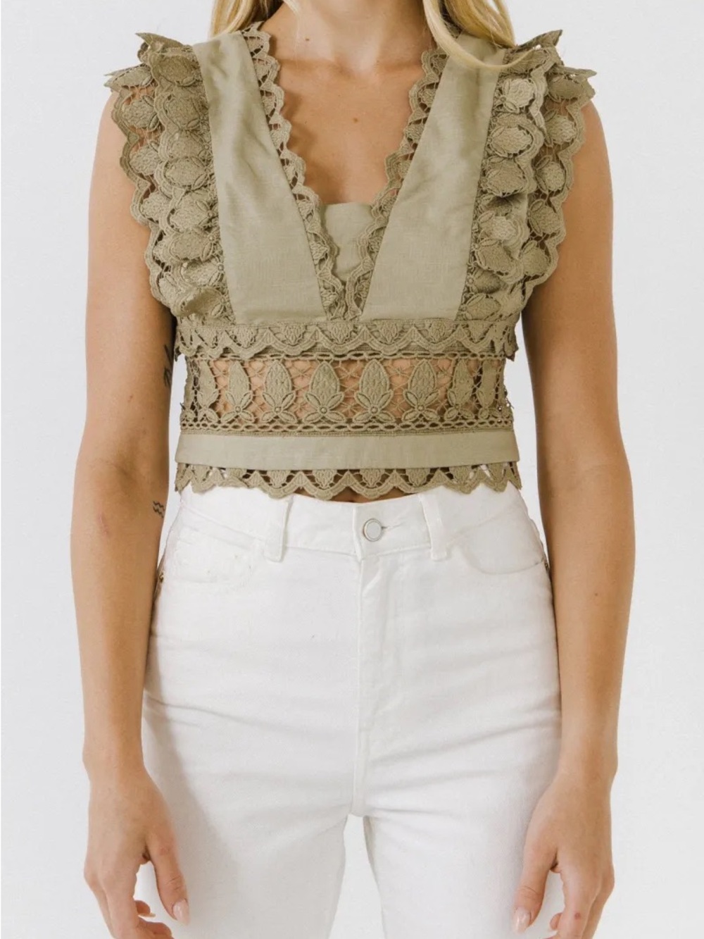 Endless Rose Olive Crochet-Trim Cropped V-Neck Top